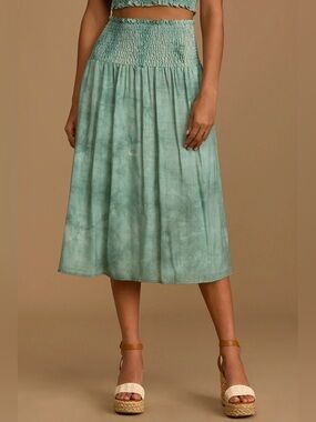 Lulus Enjoy the Sunshine Sage Green Tie-Dye Smocked Midi Skirt